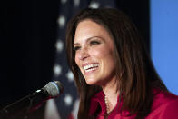 Republican gubernatorial candidate Tudor Dixon speaks at a primary election party in Grand Rapids, Mich., Tuesday, Aug. 2, 2022. (AP Photo/Paul Sancya)