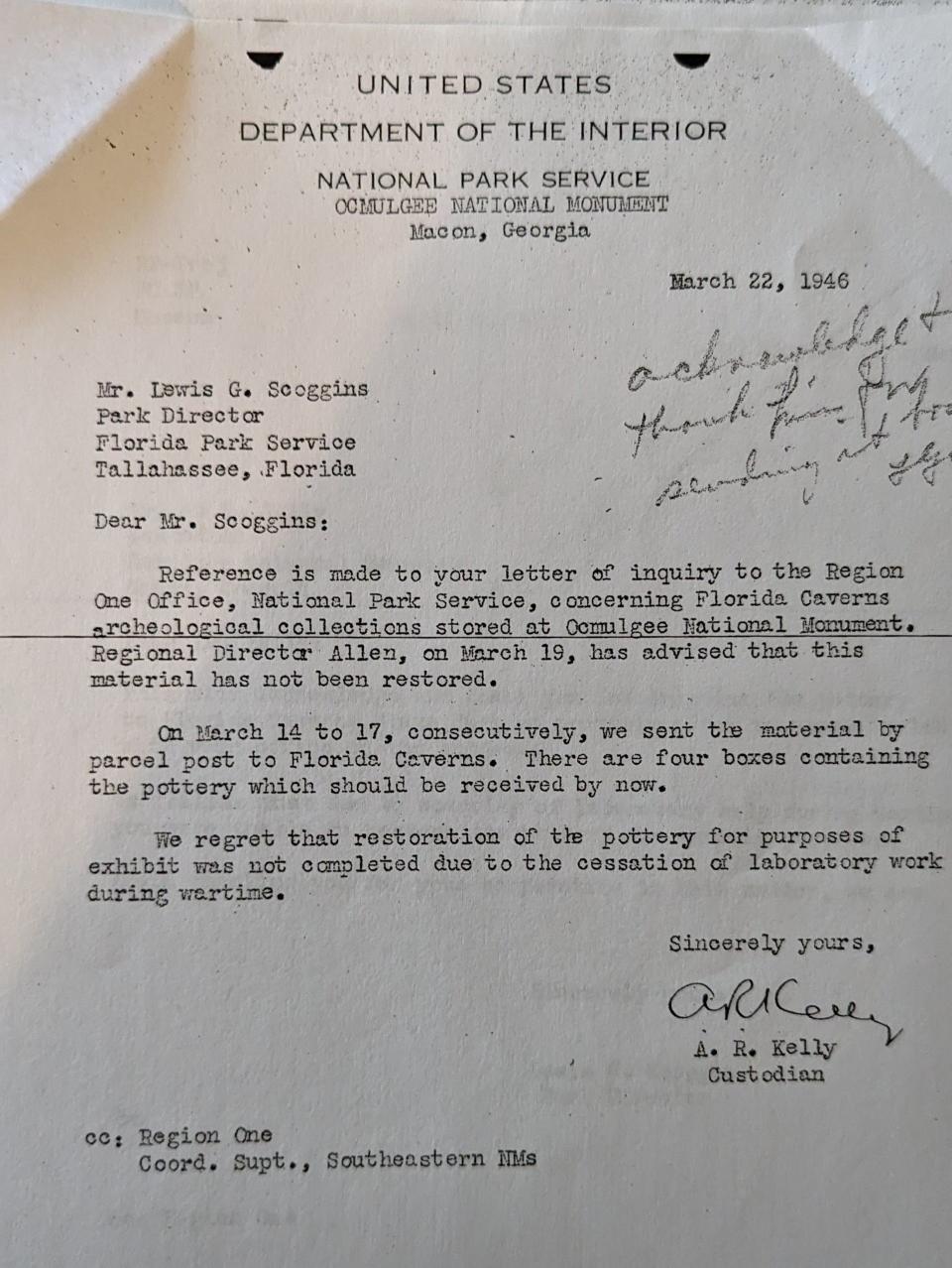 A photo of a 1946 National Park Service letter informing the Florida Park Service of the delivery of artifacts recently confiscated during an investigation of Florida Caverns workers