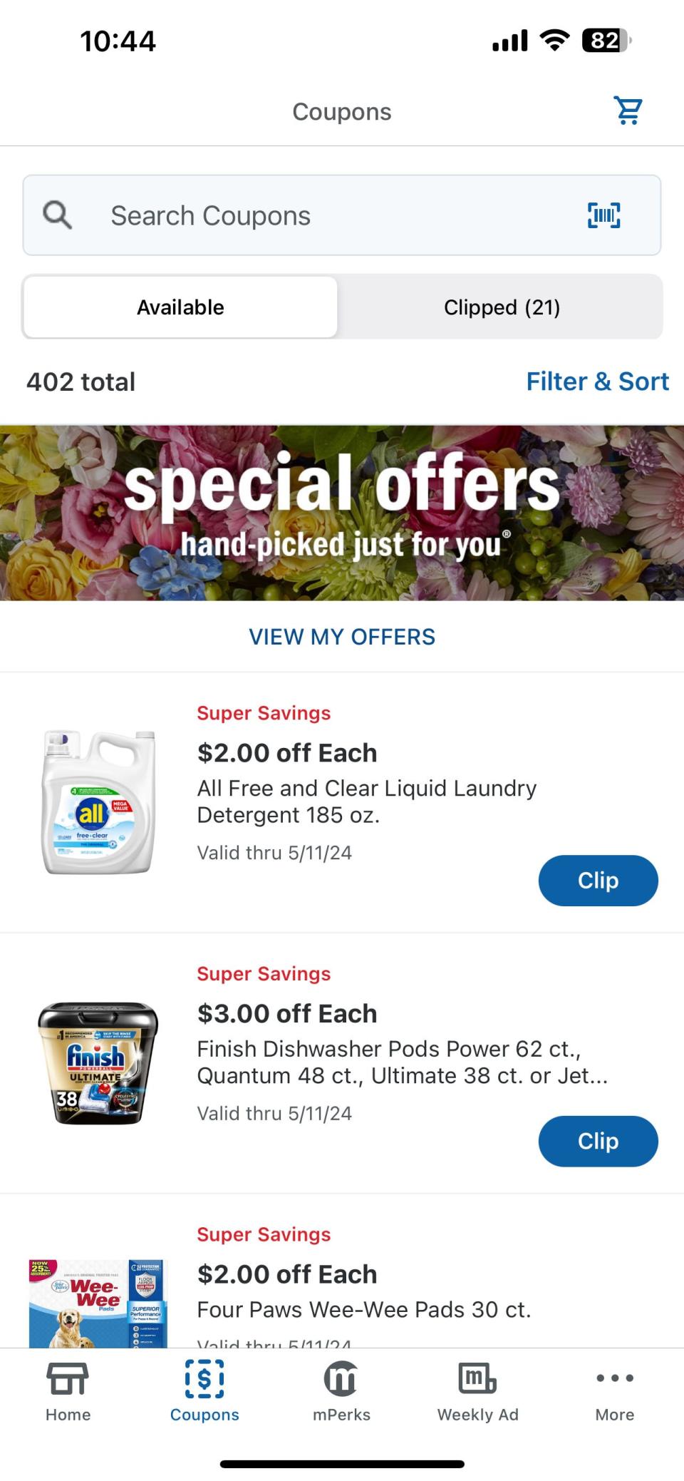 When Meijer shoppers search for coupons on the app, it also will display special offers under a tab at the top. Coupons shoppers have reserved will show up in the "clipped" section under the same section of the app.