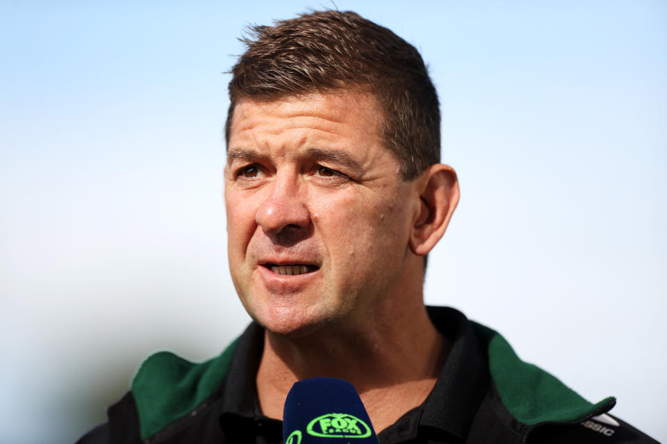 Pictured here, Rabbitohs coach Jason Demetriou admits his side are looking at implementing a biosecurity bubble for their players towards the end of the season. 