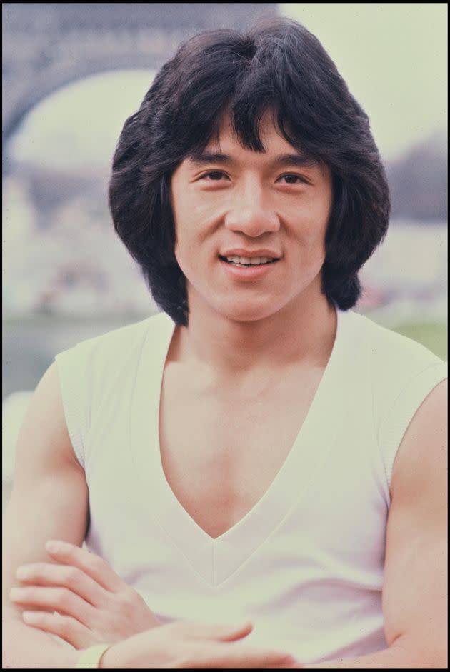 Jackie Chan performs Kung Fu martial arts demonstration at the Trocadero Plaza in Paris in 1981.