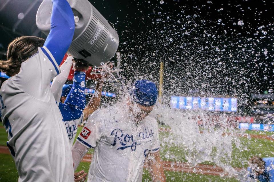 Kansas City Royals first baseman Vinnie Pasquantino gets the Gatorade splash after Wednesday’s game against the Houston Astros at Kauffman Stadium. William Purnell/USA TODAY Sports