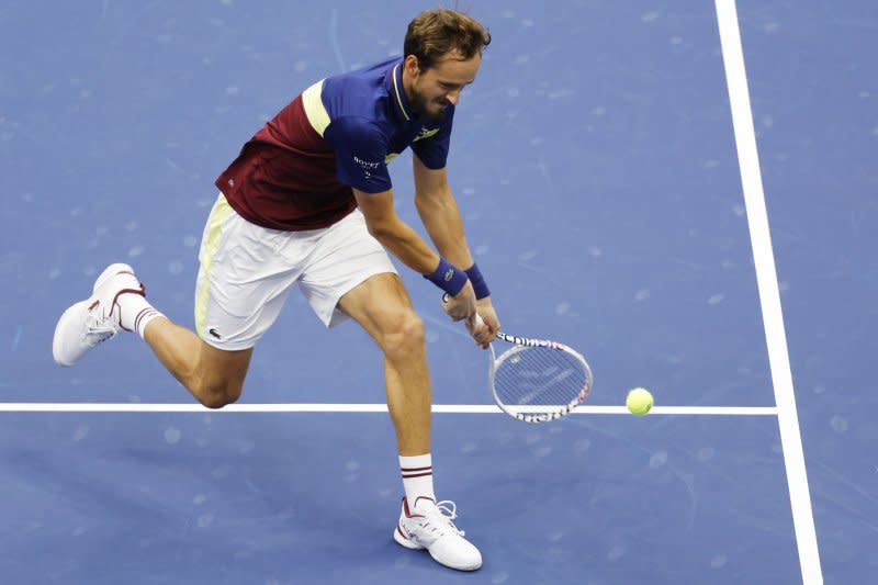 Daniil Medvedev of Russia returns the ball to Novak Djokovic of Serbia in the first set in the men's singles final at the 2023 U.S. Open on Sunday in Flushing, N.Y. Photo by Corey Sipkin/UPI