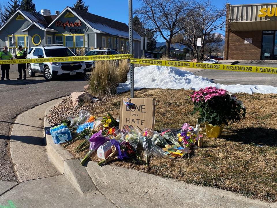 A makeshift memorial is placed outside of Club Q in Colorado Springs, Colo., on Nov. 20, 2022.