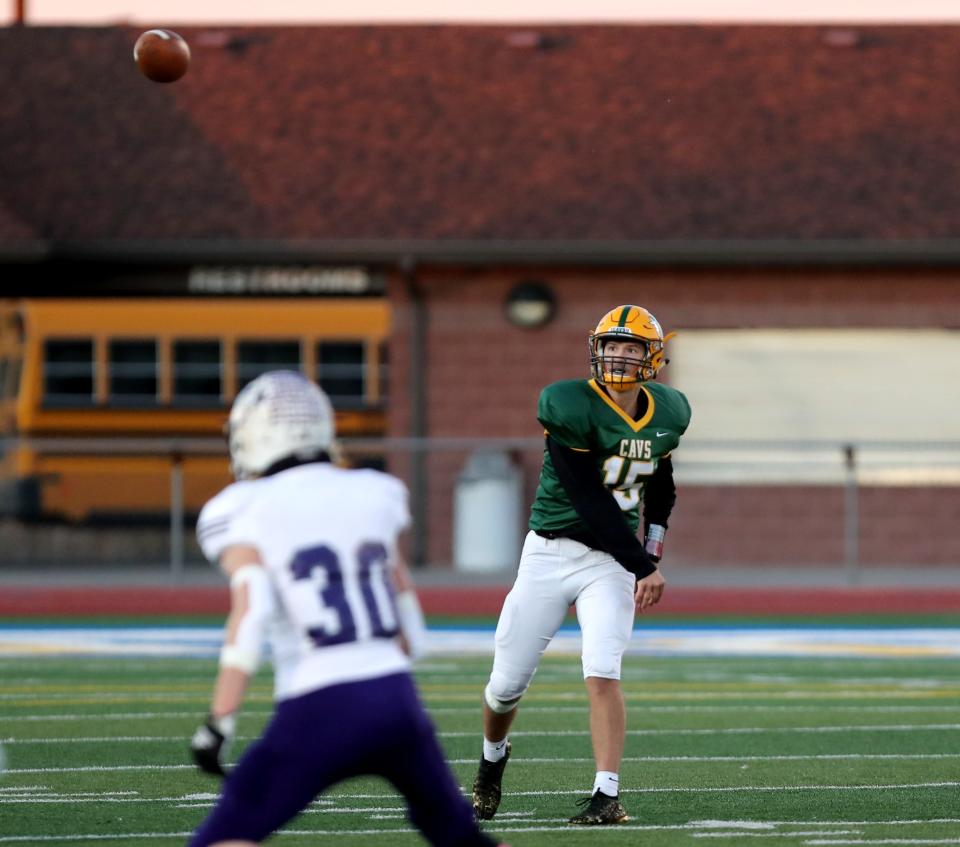 Roncalli quarterback Jackson Isakson throws a pass to wide receiver Andrew Brennan during a 2021 playoff game against Beresford. Both players return this season, with Isakson entering his fourth season as staring quarterback. Roncalli opens the season against Groton at 7 p.m. Friday at Dacotah Bank Stadium. American News file photo