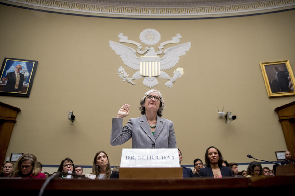 CDC Principal Deputy Secretary Dr Anne Schuchat is sworn in as she appears before a House Oversight subcommittee hearing on lung disease and e-cigarettes on Capitol Hill in Washington, Tuesday, Sept. 24, 2019. (AP Photo/Andrew Harnik)