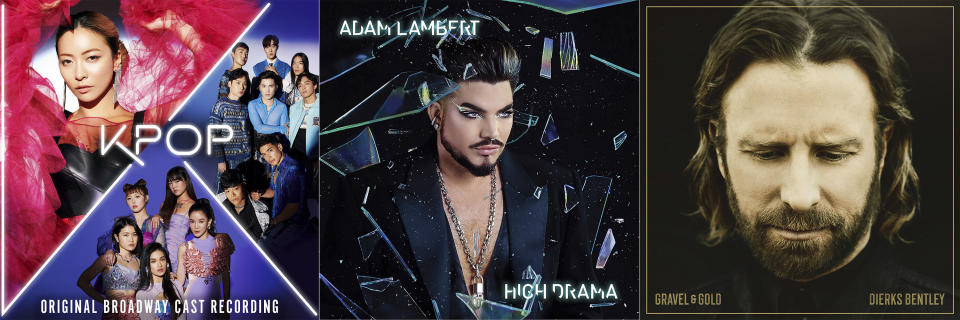 This combination of album cover images shows the original cast recording of the Broadway musical "KPOP," from left, "High Drama," by Adam Lambert and “Gravel & Gold” by Dierks Bentley. (Sony Masterworks Broadway/BMG/Universal Music Group Nashville via AP)