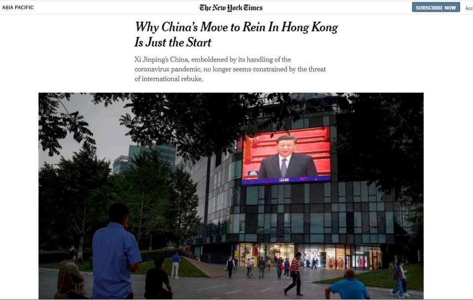 紐時指，中國剝奪香港自治只是開端。 (圖:紐時)