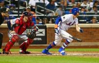 Jul 13, 2018; New York City, NY, USA; New York Mets rightfielder Brandon Nimmo (9) singles against the Washington Nationals during the fourth inning at Citi Field. Mandatory Credit: Andy Marlin-USA TODAY Sports