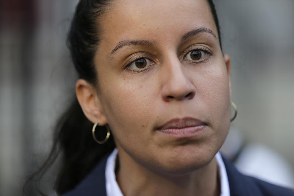 Queens district attorney candidate Tiffany Caban speaks to reporters outside her polling place in the Queens borough of New York, Tuesday, June 25, 2019. The race for district attorney of the New York City borough of Queens is shaping up as a battle between moderate Democrats and the left wing of the party. The winner will be strongly favored to win a November general election to succeed the late District Attorney Richard Brown. (AP Photo/Seth Wenig)