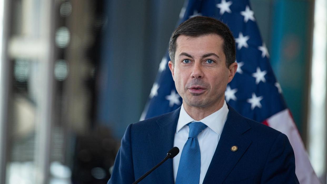 PHOTO: In this Dec. 19, 2023, file photo, Pete Buttigieg, US transportation secretary, speaks during a news conference at Ronald Reagan National Airport (DCA) in Arlington, Virginia. (Bloomberg via Getty Images, FILE)