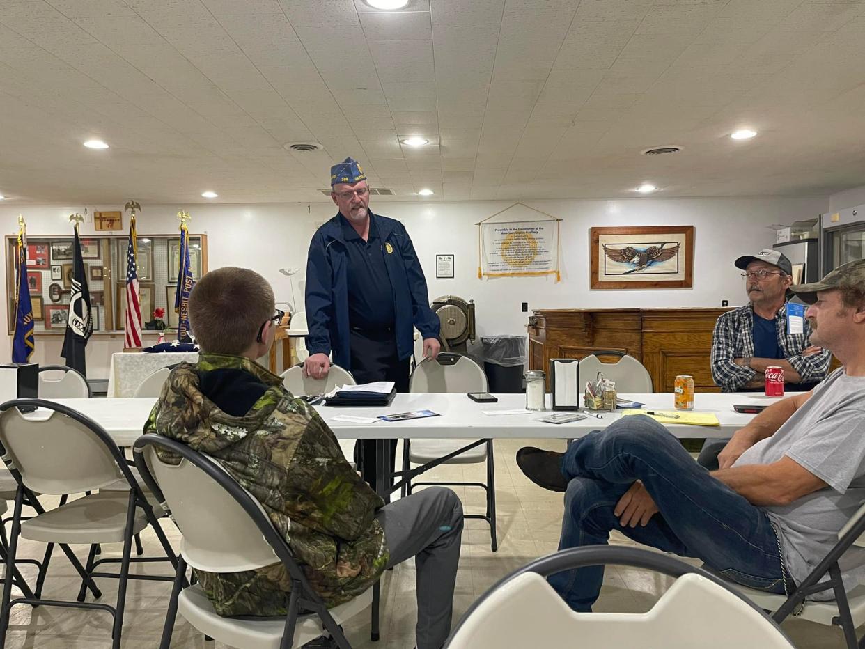 Sons of the American Legion Detachment Commander Victor Fisher speaks with new members of the Stout-Nesbit Post 156 SAL squadron.