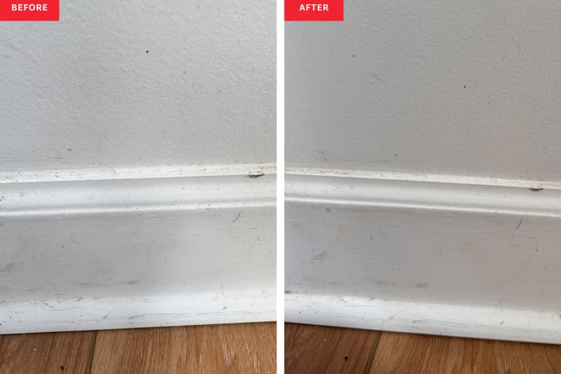 Side by side of baseboards before and after being cleaned with a toilet wand