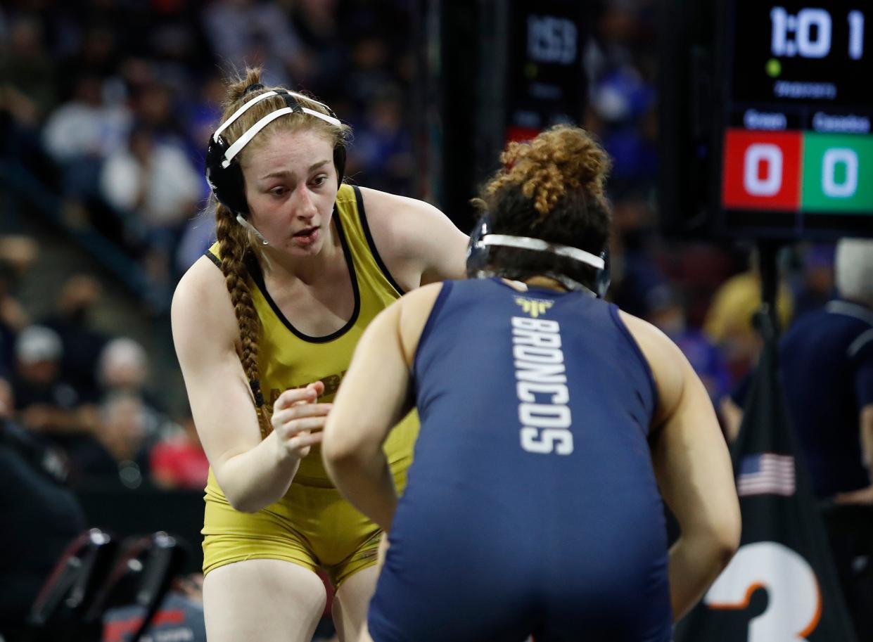 Jacklyn Green of Golden West during the consolation and semifinal rounds of the CIF high school wrestling championships at Mechanics Bank Arena in Bakersfield, Calif., Saturday,  Feb. 26, 2022.