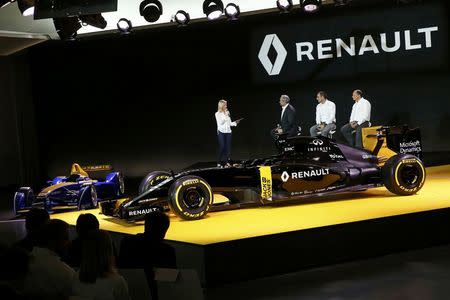 The new Renault RS16 Formula One racing car is seen during its official presentation at the company's research center, the Technocentre, in Guyancourt, near Paris, France, February 3, 2016. REUTERS/Benoit Tessier