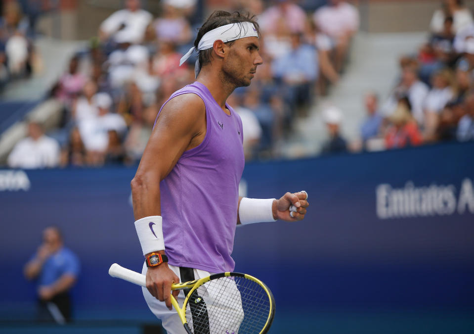 Rafael Nadal, of Spain, reacts after scoring a point against Hyeon Chung, of South Korea, during round three of the US Open tennis championships Saturday, Aug. 31, 2019, in New York. (AP Photo/Eduardo Munoz Alvarez)