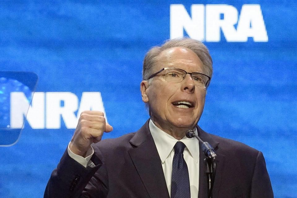 FILE - Wayne LaPierre, CEO and executive vice-president of the National Rifle Association, addresses the National Rifle Association Convention, April 14, 2023, in Indianapolis. A lawsuit claiming Wayne LaPierre and other former National Rifle Association executives wildly misspent millions of dollars in donations on lavish perks for themselves is wrapping up in a Manhattan court after weeks of contentious testimony. Closing arguments are expected Thursday, Feb. 15, 2024. (AP Photo/Darron Cummings, File)