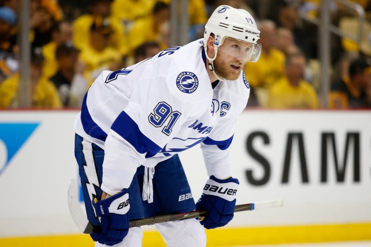 PITTSBURGH, PA - MAY 26: Steven Stamkos #91 of the Tampa Bay Lightning looks on during the second period against the Pittsburgh Penguins in Game Seven of the Eastern Conference Final during the 2016 NHL Stanley Cup Playoffs at Consol Energy Center on May 26, 2016 in Pittsburgh, Pennsylvania. (Photo by Justin K. Aller/Getty Images) 