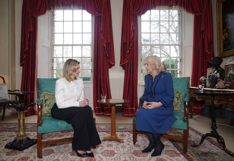 Queen Camilla during a meeting with the First Lady of Ukraine, Olena Zelenska, at Clarence House in London (Yui Mok/PA Wire)