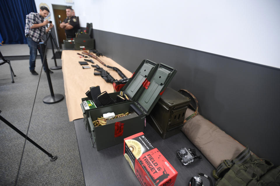 LONG BEACH, CA - AUGUST 21: Long Beach police announced the arrest of 37-year-old Rodolfo Montoya for making threats of violence against his workplace, the Marriott Long Beach near the airport in Long Beach on Wednesday, August 21, 2019. Police searched the suspects home and seized this into evidence,  multiple weapons along with hundreds of rounds of ammunition and tactical gear. (Photo by Brittany Murray/MediaNews Group/Long Beach Press-Telegram via Getty Images)