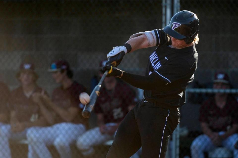 Franklin’s Nolan Stevens (5) hits a double in the first inning against the Whitney Wildcats during the CIF Sac-Joaquin Section Division I high school baseball championship game Friday, May 26, 2023, at Sacramento City College. Stevens had three at-bats with two hits and two RBIs.