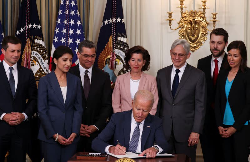 U.S. President Biden signs executive order on U.S. economy at the White House in Washington