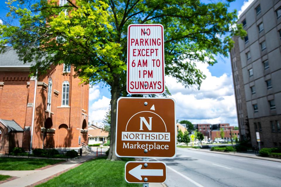 A sign for the Northside Marketplace is seen on Jefferson Street, Wednesday, June 8, 2022, in Iowa City, Iowa.