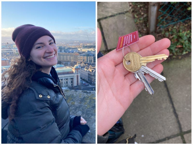 Left: Talia Lakritz in Scotland. Right: Holding apartment keys.