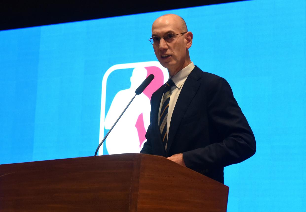 NBA Commissioner Adam Silver speaks during the announcement of the The NBA-backed Basketball Africa League (BAL) at the Museum of Black Civilisations in Dakar, on July 30 2019. - The NBA-backed Basketball Africa League (BAL) unveiled host cities Tuesday for its inaugural season, with Kigali, Rwanda, as the named host city for the first semi-final and championship games. Cairo, Egypt; Dakar, Senegal; Lagos, Nigeria; Luanda, Angola; Rabat, Morocco and a Tunisian city, Tunis or Monastir, were announced as the sites for BAL regular-season games. The BAL, featuring 12 club teams from across Africa, is set to begin play in March 2020. (Photo by Seyllou / AFP)        (Photo credit should read SEYLLOU/AFP/Getty Images)