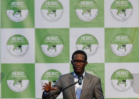 FILE PHOTO - Chief Electoral Officer of Kenya's Independent Electoral and Boundaries Commission (IEBC) Ezra Chiloba speaks during a news conference ahead of the announcement of the winner of polls in Kenya's election at the Bomas of Kenya, in Nairobi, Kenya August 11, 2017. REUTERS/Thomas Mukoya