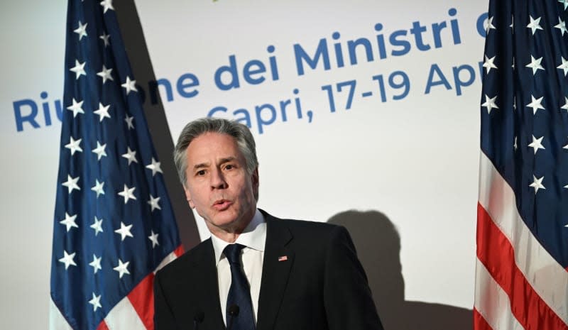 Antony Blinken, US Secretary of State, speaks during a press conference at the G7 Foreign Ministers meeting.  Britta Pedersen/dpa