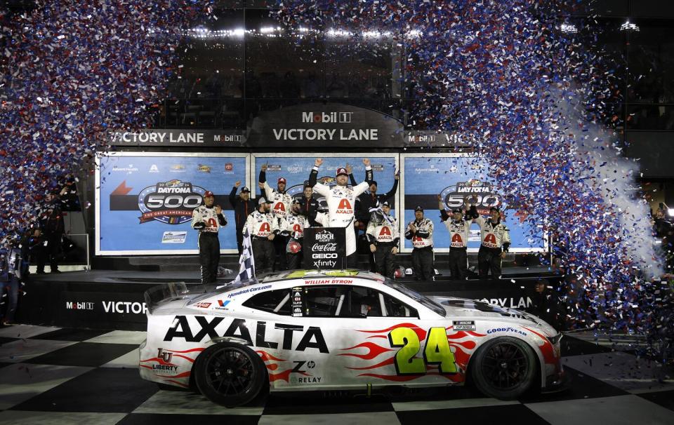 William Byron celebrates in victory lane at Daytona International Speedway after winning the Daytona 500 on Monday.