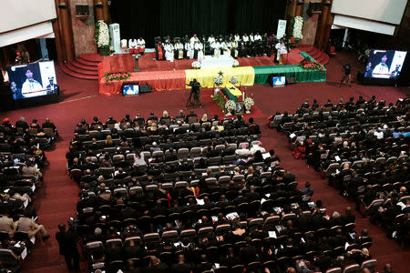 The flag-draped casket of the former United Nations Secretary General Kofi Annan, who died in Switzerland, is seen during the funeral service at the International Conference Centre in Accra, Ghana September 13, 2018. REUTERS/Francis Kokoroko