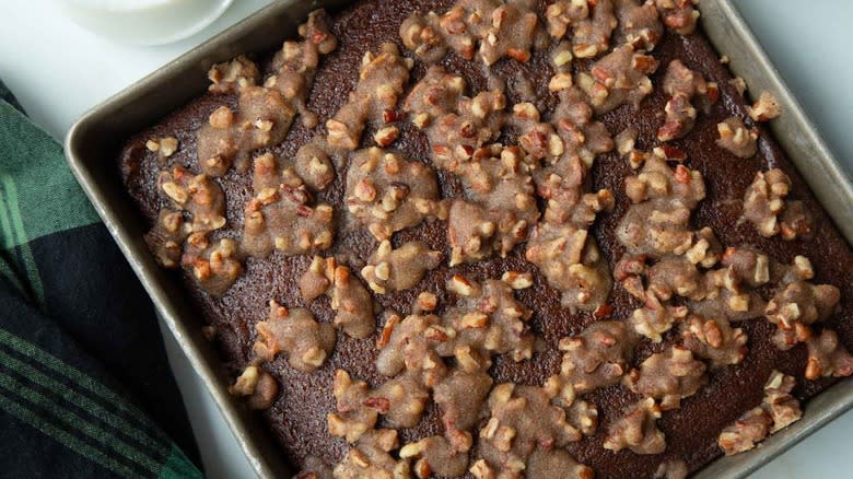 gingerbread pecan cake in square pan