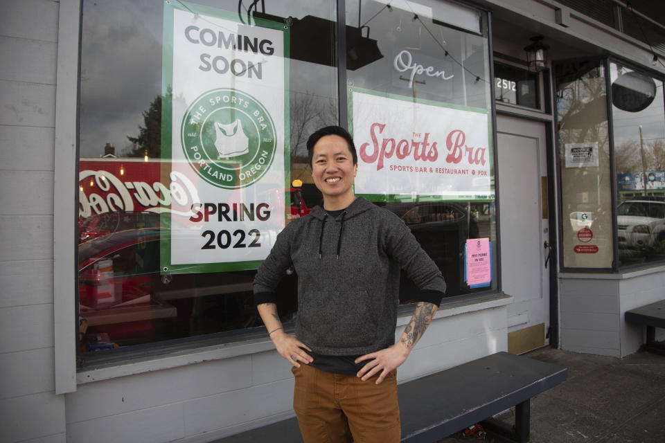 Jenny Nguyen, owner of The Sports Bra, a bar and restaurant dedicated to women's sports, poses for a photo on Monday, Feb. 22, 2022. (Vickie Connor/The Oregonian via AP)