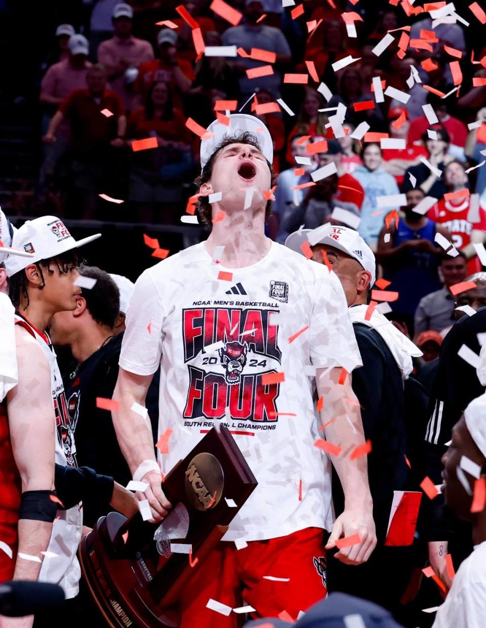 N.C. State’s Ben Middlebrooks celebrates after the Wolfpack’s 76-64 victory over Duke in their NCAA Tournament Elite Eight matchup at the American Airlines Center in Dallas, Texas, Sunday, March 31, 2024.