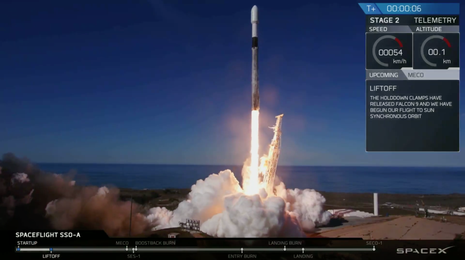 A SpaceX Falcon 9 rocket launches from Vandenberg Air Force Base in California on Monday, Dec. 3, 2018, making company history. It marked the first time the same booster flew three separate missions.