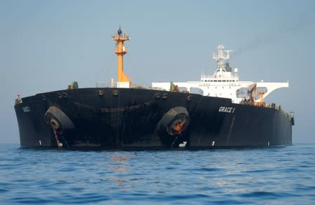 Iranian oil tanker Grace 1 sits anchored after it was seized in July by British Royal Marines off the coast of the British Mediterranean territory, in the Strait of Gibraltar