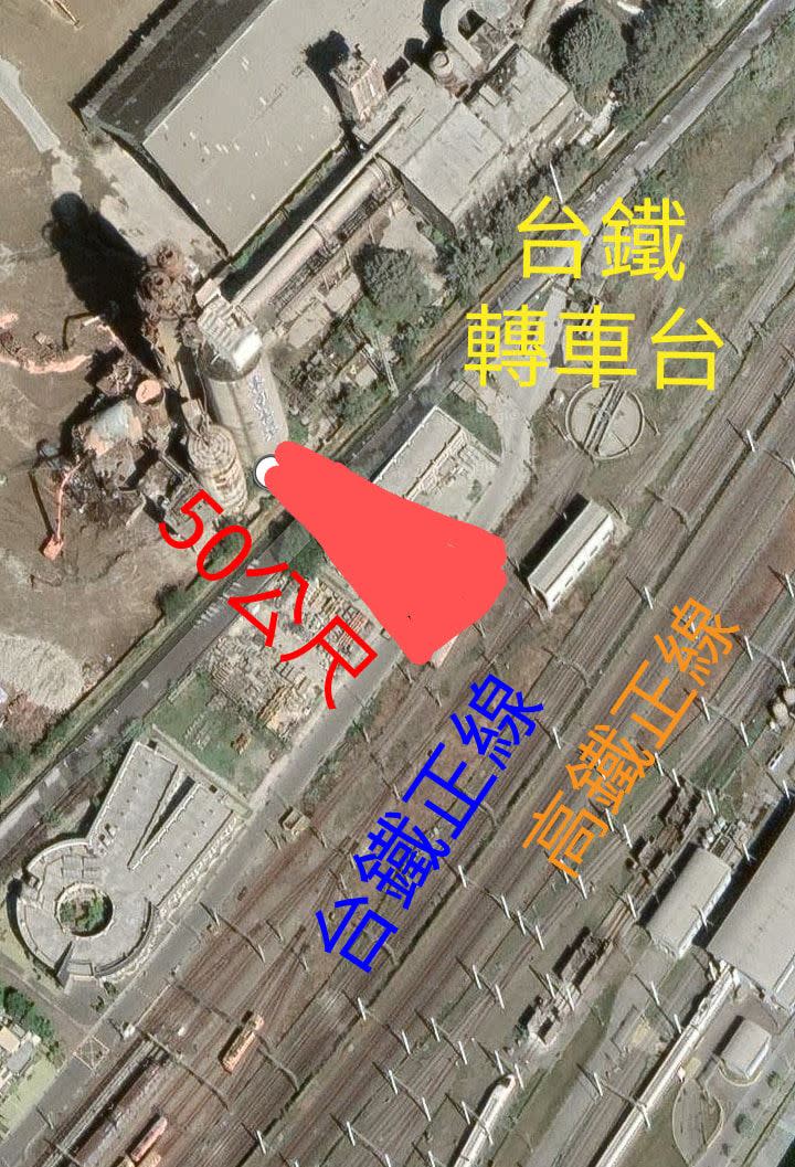 東南水泥塔崩塌驚險位置曝光，差百公尺就危害雙鐵列車。（圖／台灣鐵道暨國土規劃學會臉書）