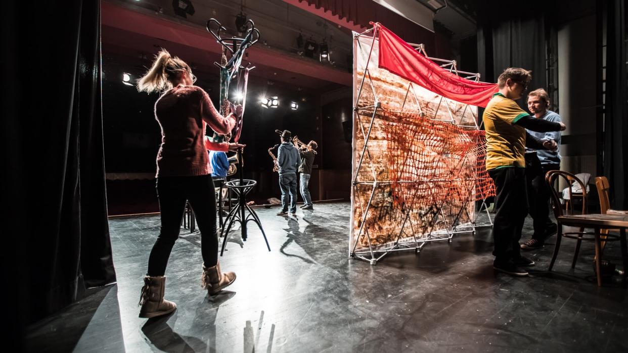 Preparing Scenography On Theater Stage.