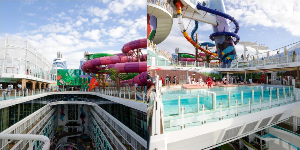 composite of Icon of the Seas' waterpark, sports court, and adult-only pool club