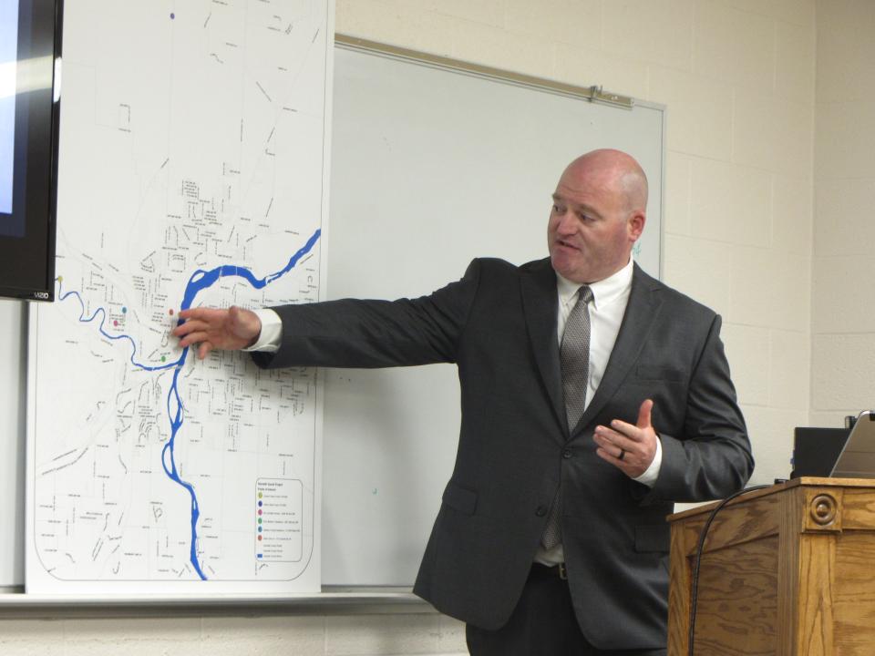 Cascade County Sheriff's Office Detective Sergeant Jon Kadner refers to a map of the Great Falls area while describing the 1956 murders of  Patricia Kalitzke and Lloyd Duane Bogle.