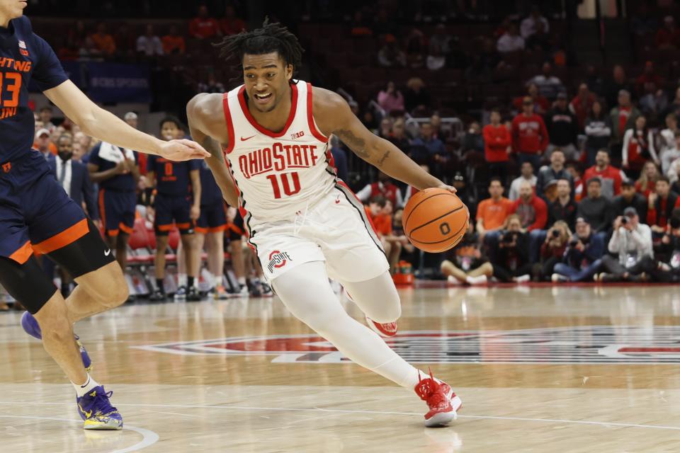 Ohio State’s Brice Sensabaugh plays against <a class="link " href="https://sports.yahoo.com/ncaab/teams/illinois/" data-i13n="sec:content-canvas;subsec:anchor_text;elm:context_link" data-ylk="slk:Illinois;sec:content-canvas;subsec:anchor_text;elm:context_link;itc:0">Illinois</a> Sunday, Feb. 26, 2023, in Columbus, Ohio. Thursday night the Utah Jazz selected the former Buckeye with the 28th pick. | Jay LaPrete, Associated Press