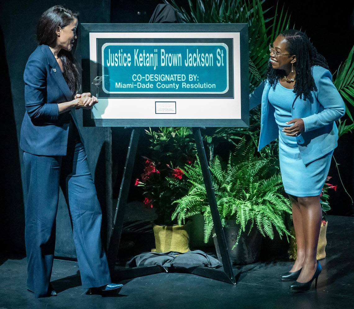 Justice Ketanji Brown Jackson, right, and Commissioner Danielle Cohen Higgins, with the street sign during the street-naming ceremony held at the Dennis C. Moss Cultural Arts Center on March 6, 2023.