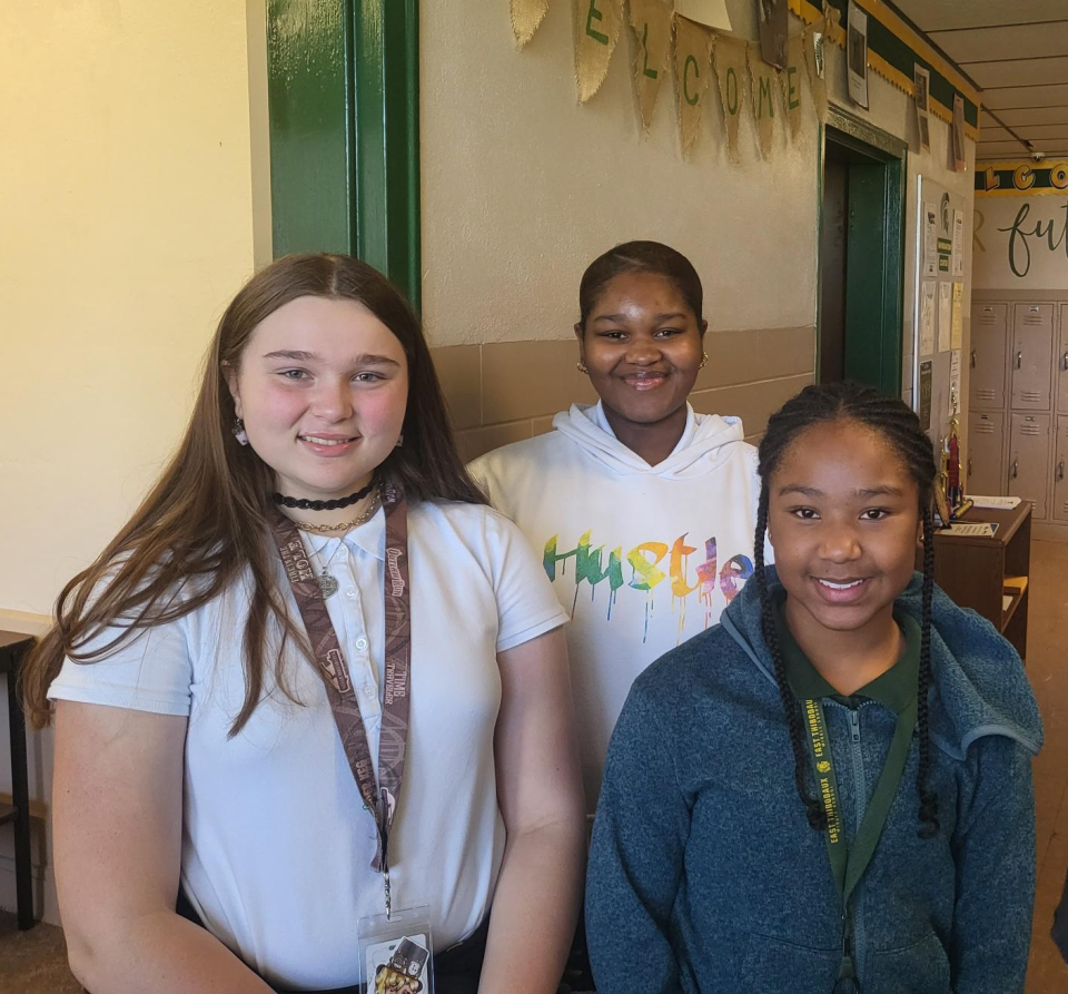 Students from East Thibodaux Middle School discuss their excitement for the school's future merger with West Thibodaux Middle School, Wednesday, March 15. Left to right: Chloe Cunningham, 13, Madison Bell, 15, and Jynasis Delasbour, 11.