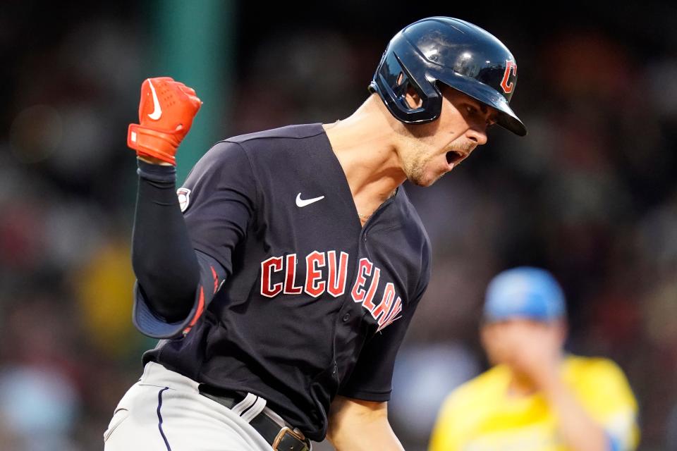 Guardians outfielder Nolan Jones pumps his fist  after hitting a three-run home run off Boston Red Sox starting pitcher Josh Winckowski in the third inning of Tuesday night's game at Fenway Park. The Guardians won 8-3. [Charles Krupa/Associated Press]