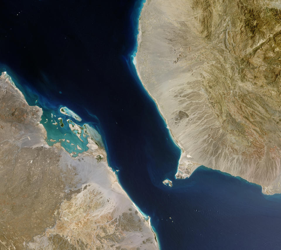 BAB-EL-MANDEB, YEMEN  MARCH 28 (SOUTH AFRICA OUT): A Natural satellite view of the Bab el-Mandeb Strait on March 28, 2015 in Bab el-Mandeb, Yemen. The Bab el-Mandeb Strait is located between Yemen and Djibouti, north of Somalia in the Horn of Africa, connects the Red Sea to the Gulf of Aden. The strait is of strategic importance of the Suez Canal shipping route and considered as one of the world's oil transit chokepoints. Bab el-Mandeb is heavily protected due to its vulnerability to maritime piracy. (Photo by USGS/NASA Landsat/Orbital Horizon/Gallo Images/Getty Images)