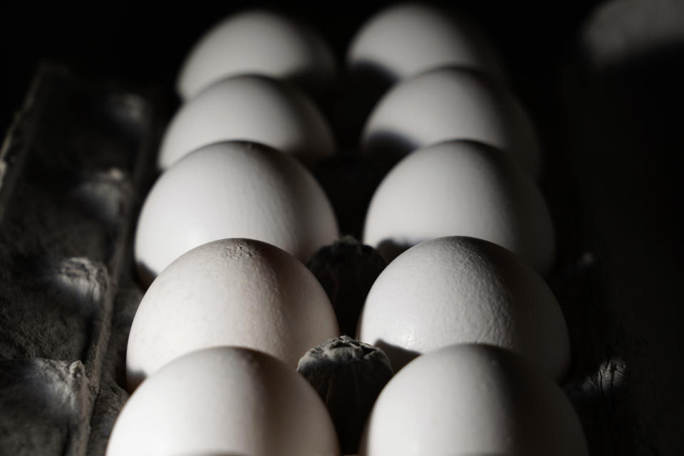 FILE - A carton of eggs are seen, Tuesday, July 12, 2022, in Marple Township, Pa. On Friday, Feb. 10, 2023, The Associated Press reported on stories circulating online incorrectly claiming a protein naturally found in egg yolks protects against COVID-19 in humans, which is why there is an egg shortage. (AP Photo/Matt Slocum, File)