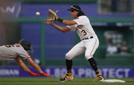 Apr 20, 2019; Pittsburgh, PA, USA; Pittsburgh Pirates shortstop Cole Tucker )3) takes a throw at second base to double off San Francisco Giants starting pitcher Derek Holland (45) to end the fourth inning at PNC Park. Mandatory Credit: Charles LeClaire-USA TODAY Sports