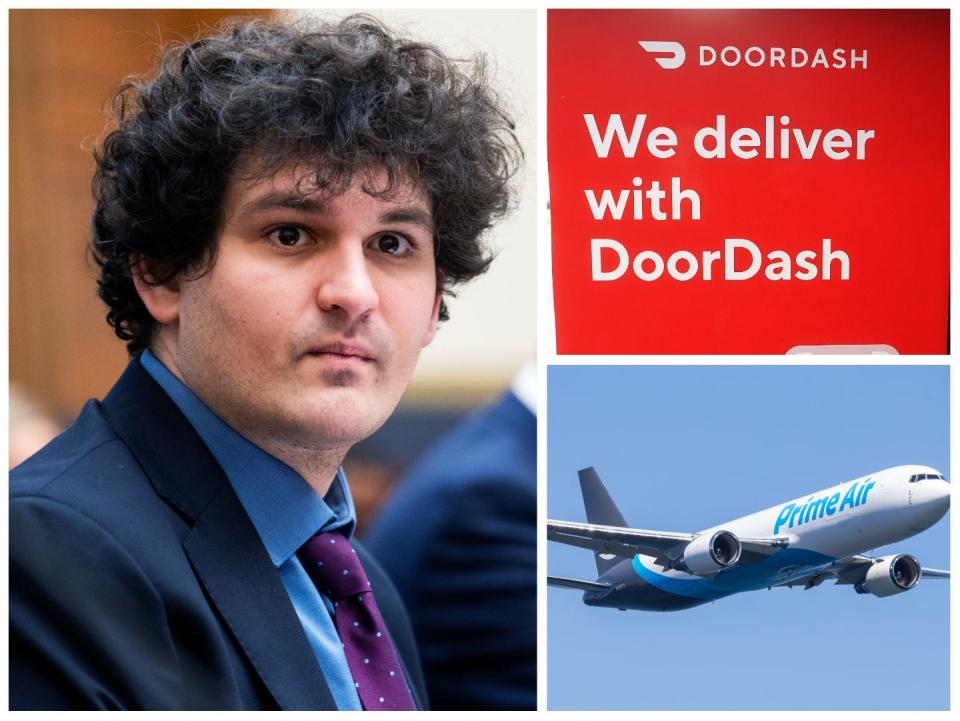 Sam Bankman-Fried with the Doordash logo and an Amazon Prime airplane